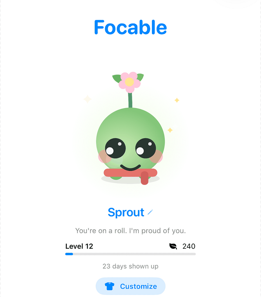 The Focable home screen showing a green sprout companion at Level 12 with 240 coins and the note 23 days shown up