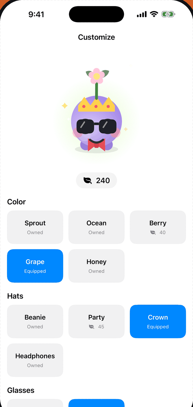 The Focable customize screen with 240 coins and unlockable companion colors, hats and glasses