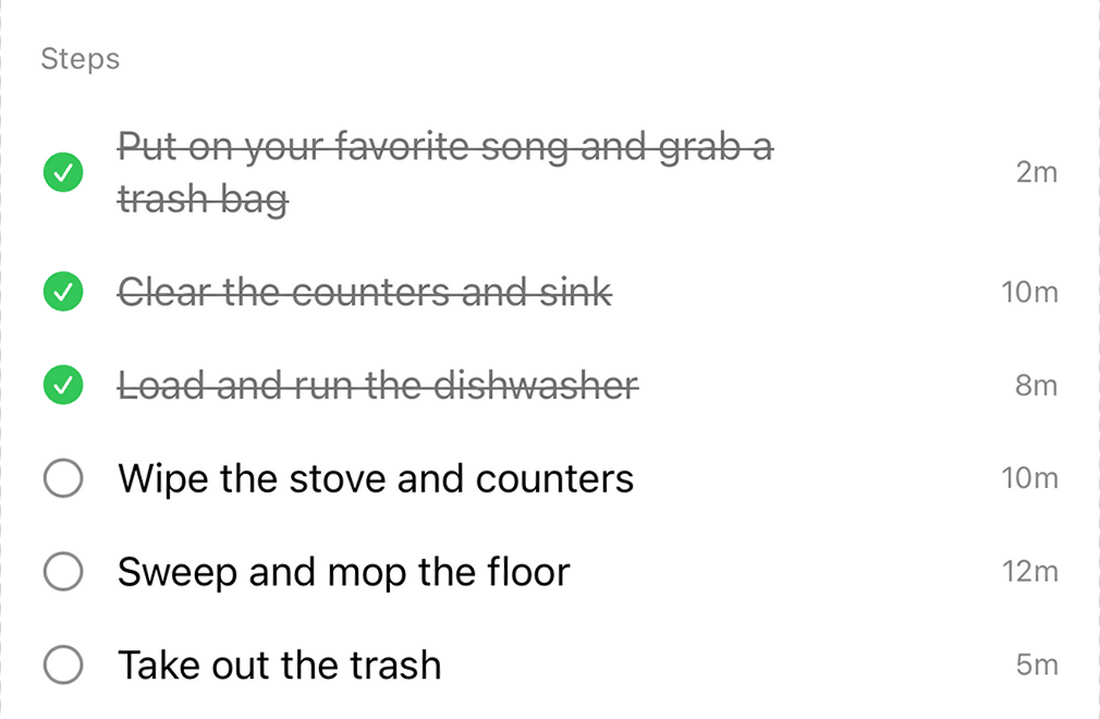 A Focable step list showing six steps, three already crossed off, each with a time estimate from 2 to 12 minutes